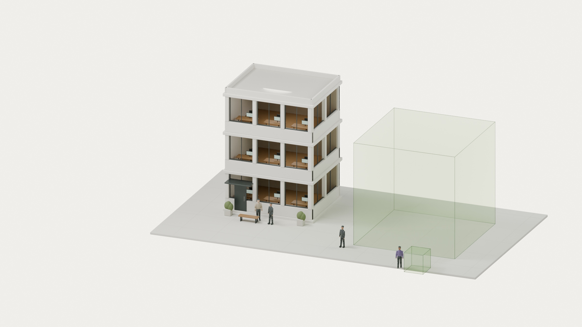 Two volumes of CO2 gas at street scale beside a small studio building: the large cube is the footprint of one casual game made by a studio, the small cube is the same game made with OhMyUnicorn.