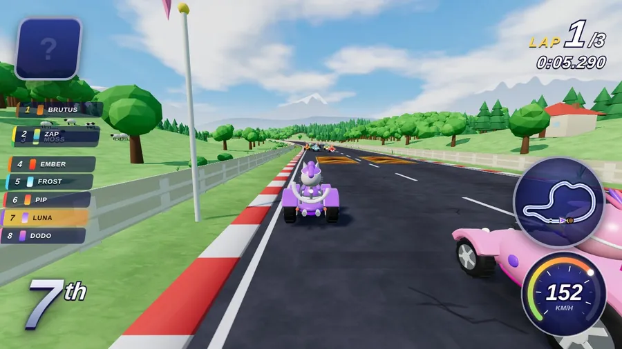 Kart racer, third-person race on a closed circuit