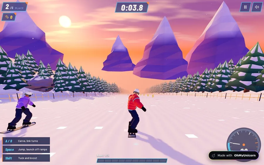 Snowboard race at sunset