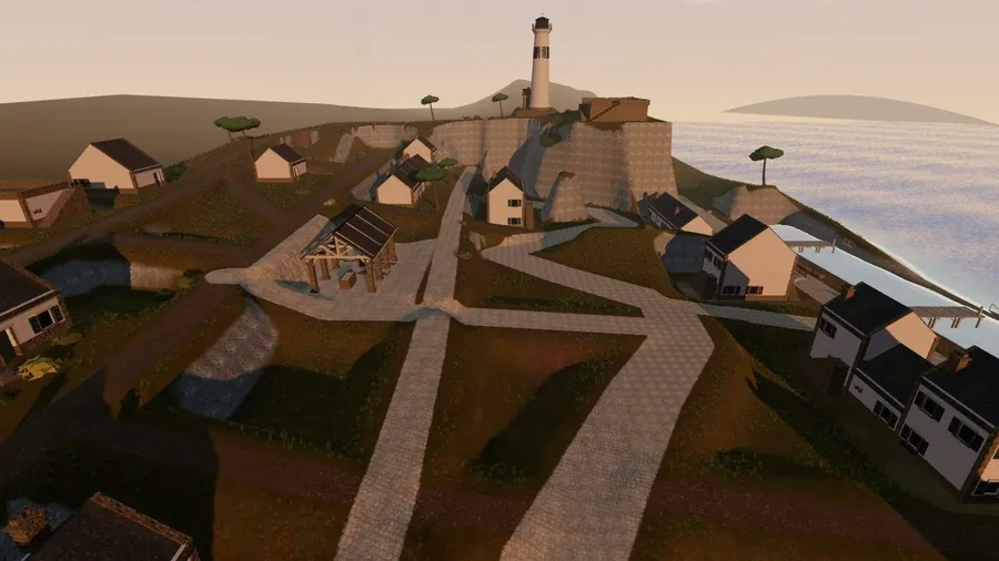 Coastal village at dusk, third-person walk