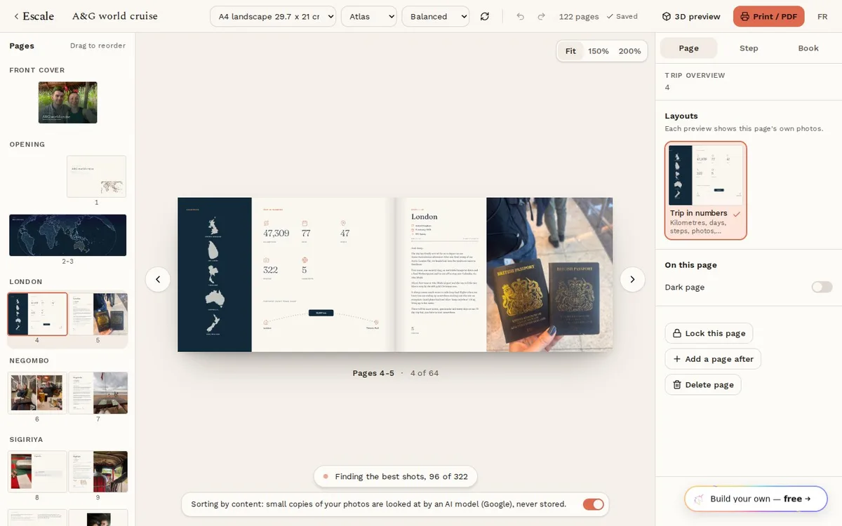 Escale book editor with spreads and layouts