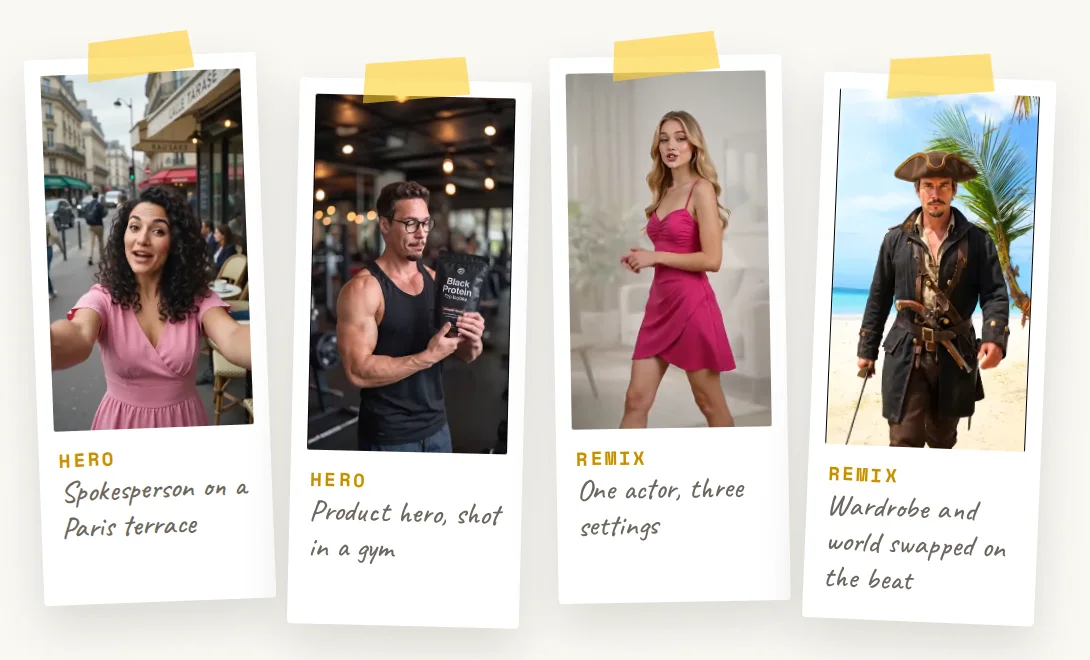 AdStudio board: four AI-made ad stills pinned like polaroids